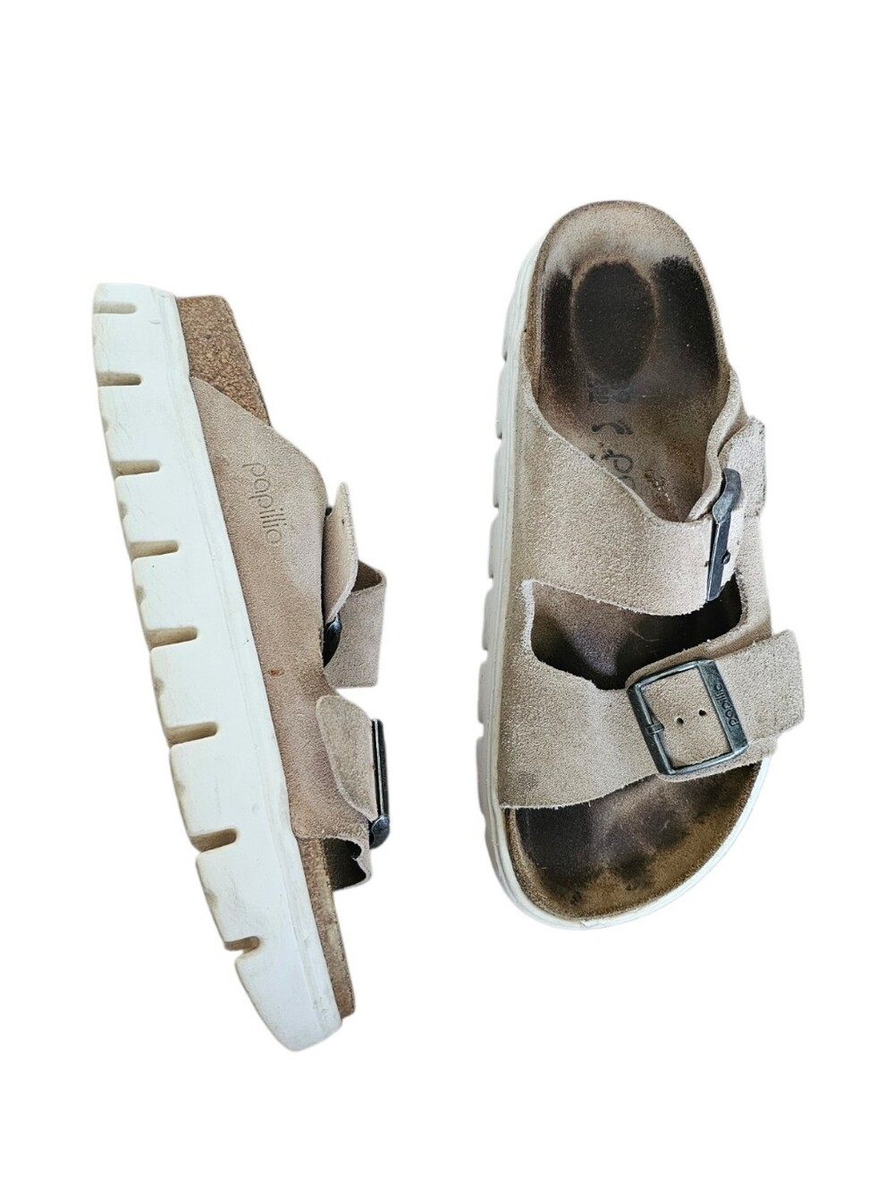 Papillio Birkenstock Platform Beige Suede Double-Buckle Slide Sandals EU 39
